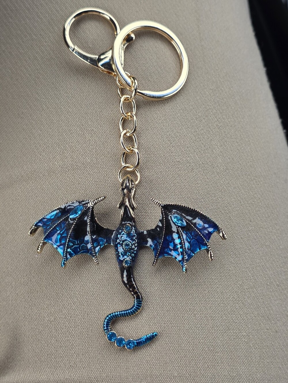 Fouth Wing Blue Dragon Key & Card Holder Charm Keychain - Gold Hardware